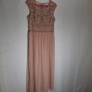 Adrianna Papell Beaded Mesh Gown Pink Floral Embroidery Dress Size 12 Formal